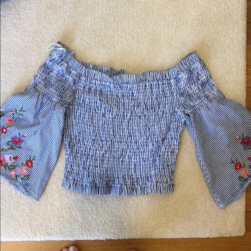 Smocked off the shoulder embroidered top